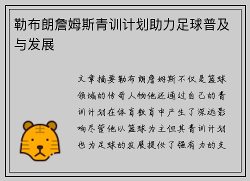 勒布朗詹姆斯青训计划助力足球普及与发展