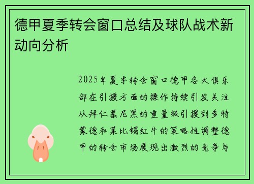 德甲夏季转会窗口总结及球队战术新动向分析