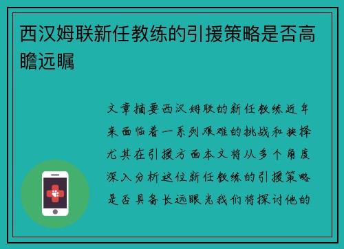 西汉姆联新任教练的引援策略是否高瞻远瞩